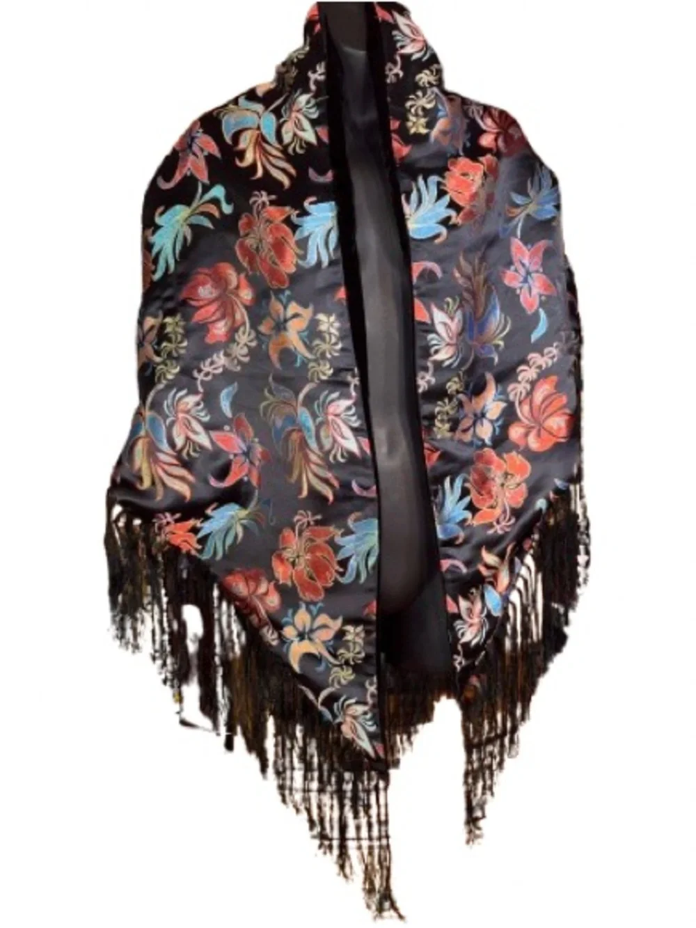 black floral embroidered silk like boho shawl featuring long fringe trim